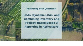 Aerial image of farm fields with overlaid text "Answering Your Questions: LCAs, Dynamic LCAs, and Combining Inventory and Project-Based Scope 3 Reporting in Agriculture"